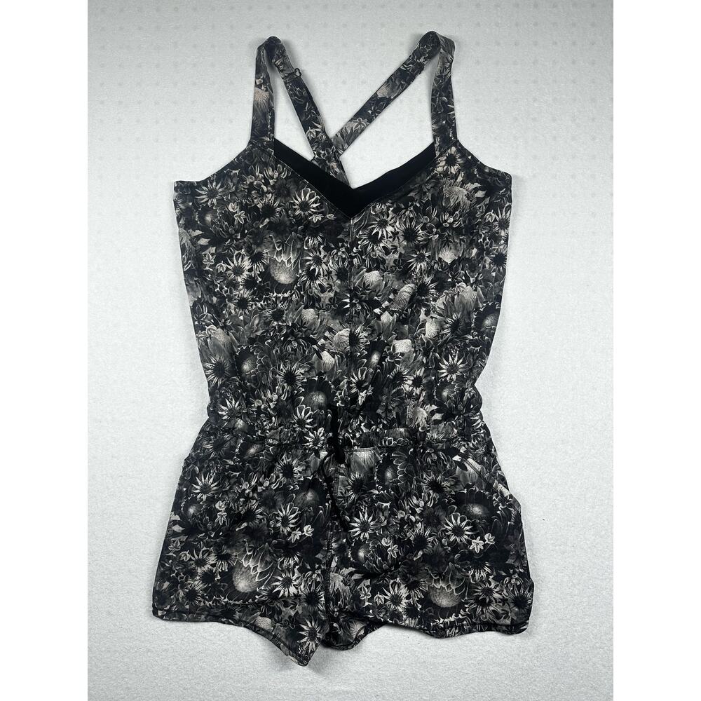Lululemon Runsie Romper Size 10 Black Floral Athletic Shorts Lined